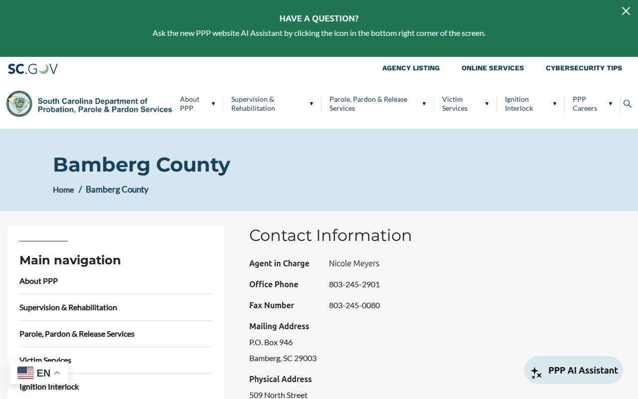 Bamberg County probation and parole office record