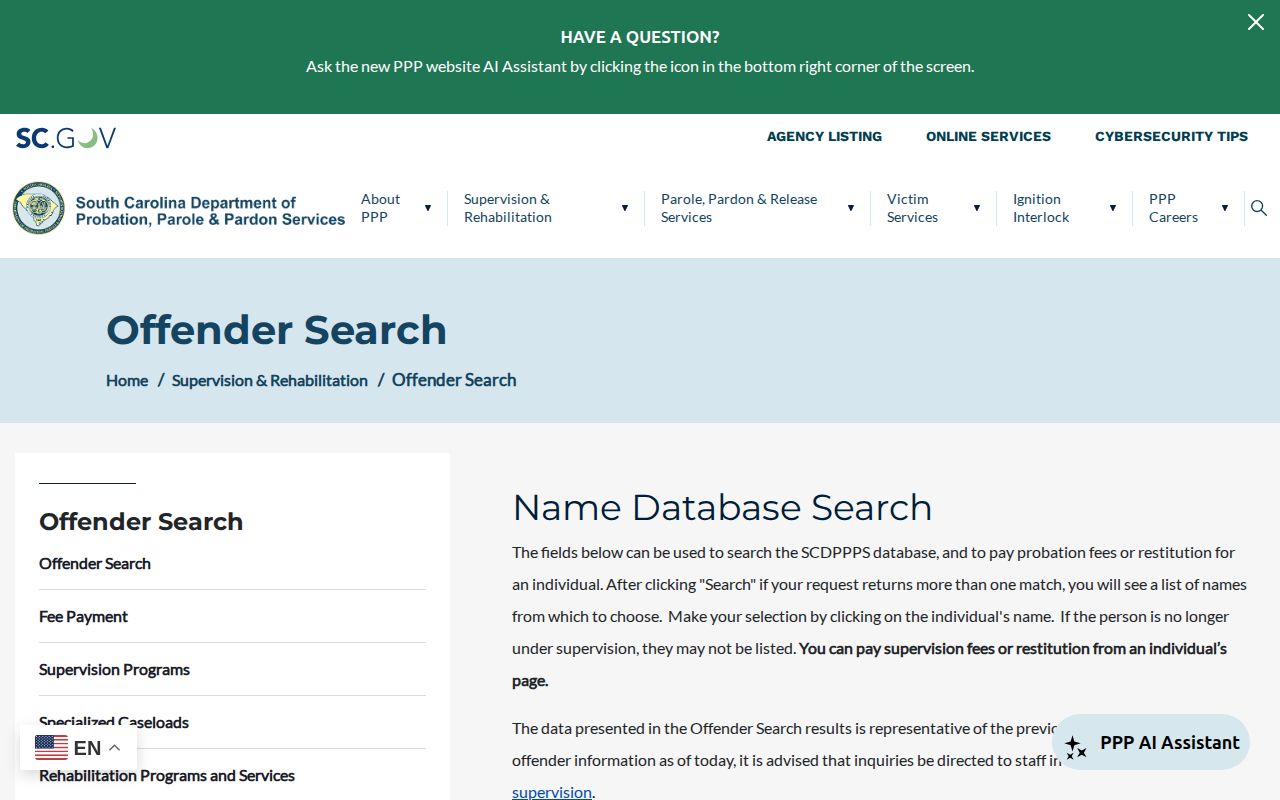 Bamberg County parole and probation supervision search